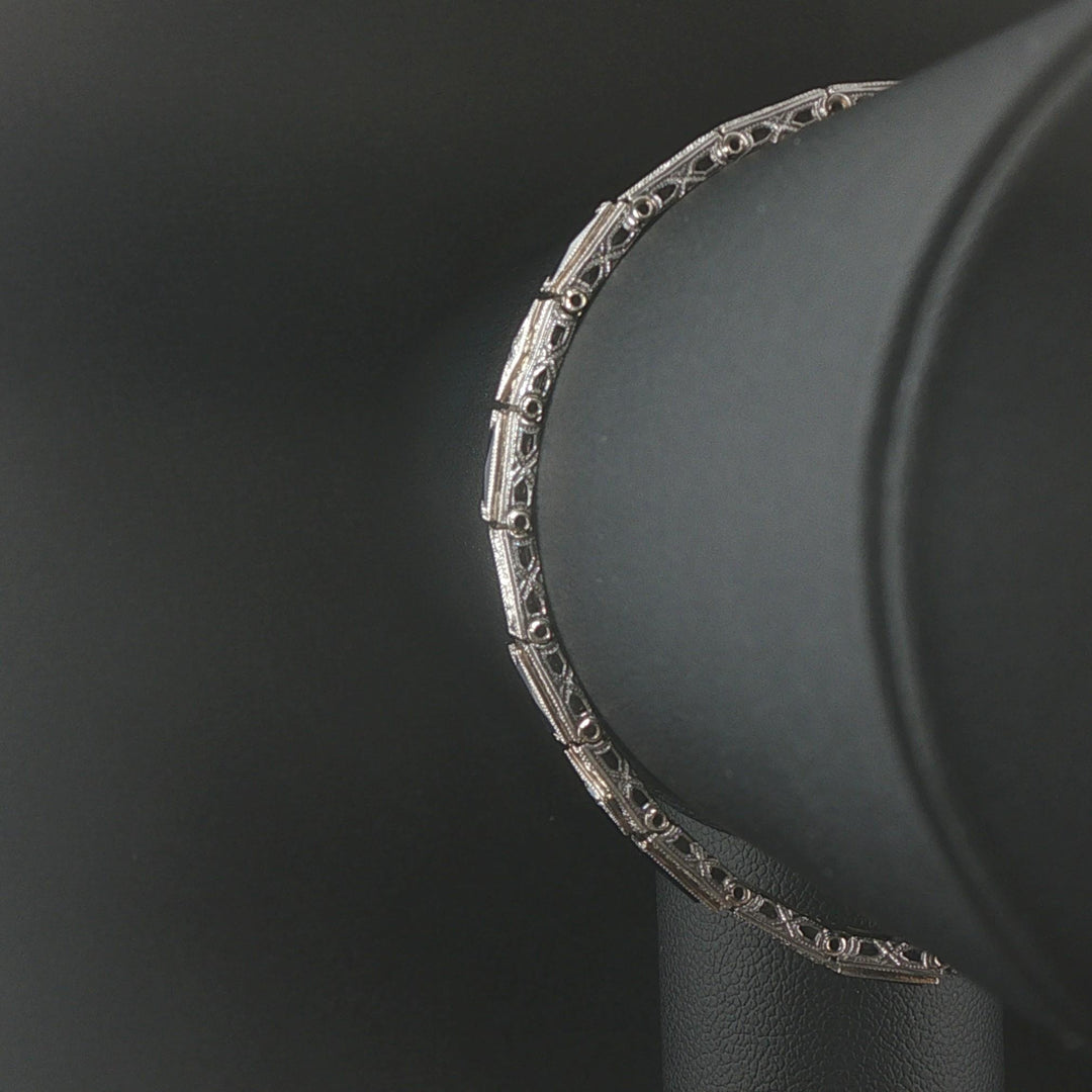 14k White Gold Sapphire and Diamond Vintage Filigree Panel Link Bracelet 6.75"