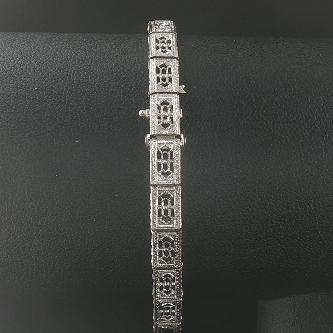 14k White Gold Sapphire and Diamond Vintage Filigree Panel Link Bracelet 6.75"