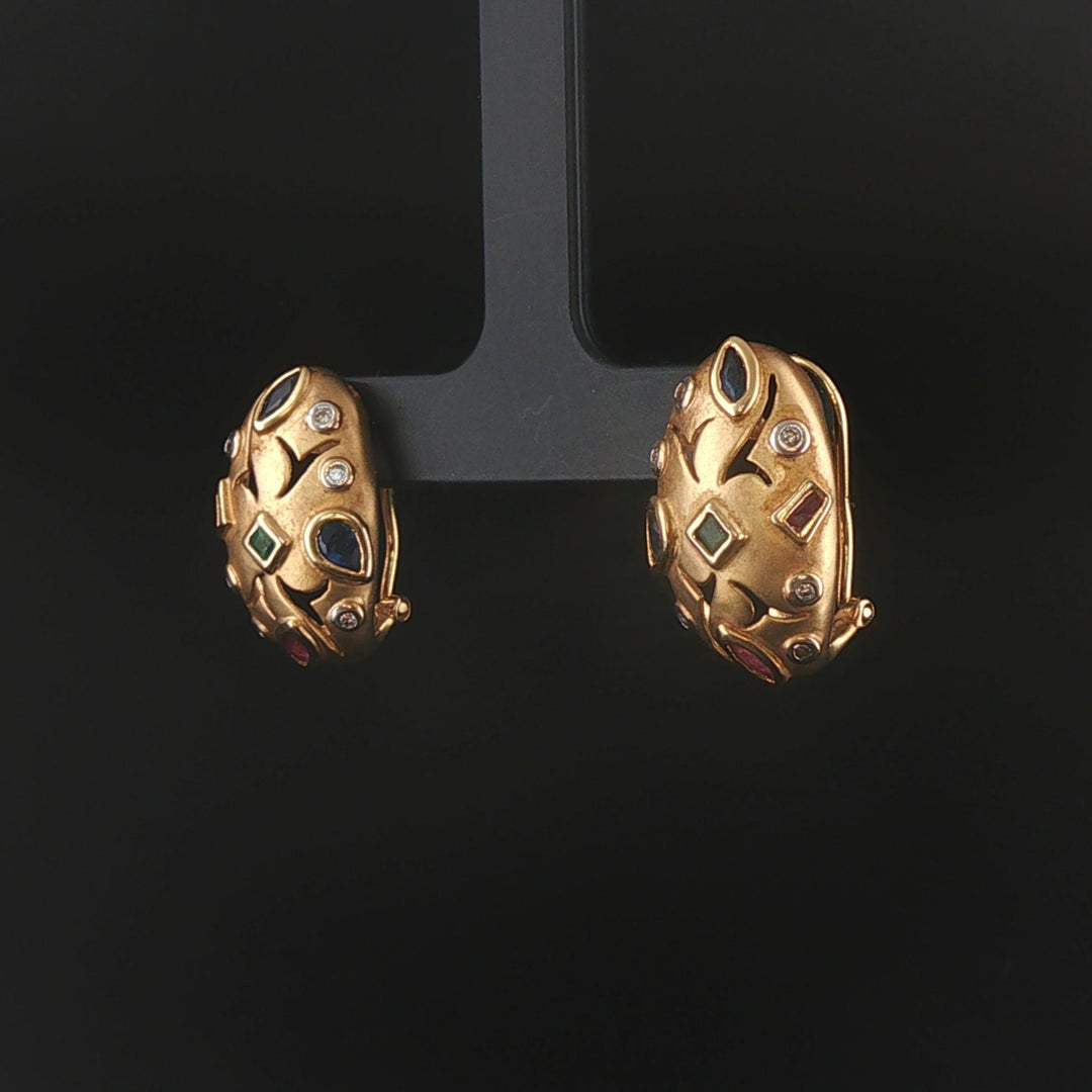 14k Yellow Gold Multi Gemstone and Diamond Huggie Earrings