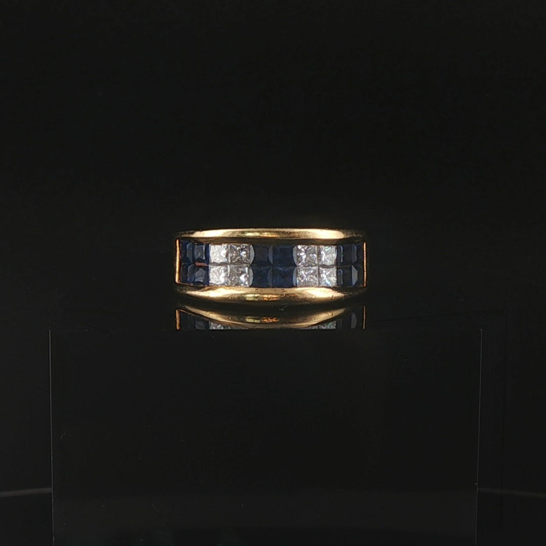 18k Yellow Gold Blue Sapphire and 0.50cttw Diamond Vintage Band Ring Size 6