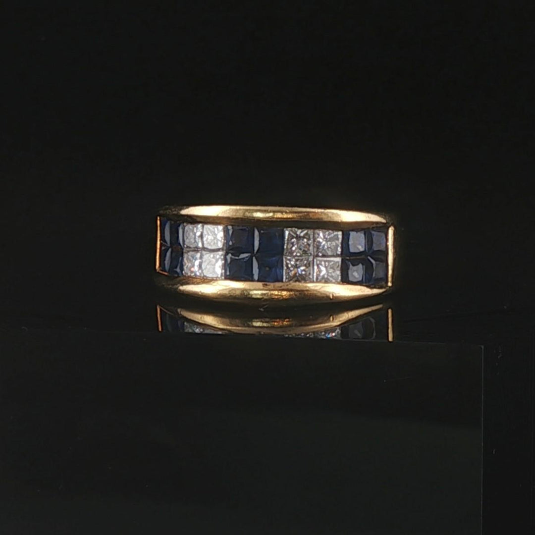 18k Yellow Gold Blue Sapphire and 0.50cttw Diamond Vintage Band Ring Size 6