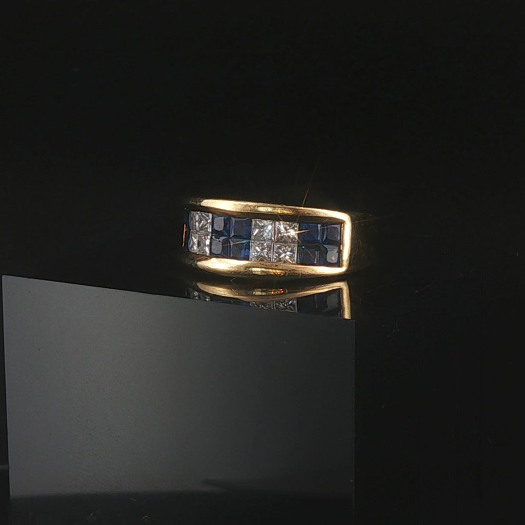 18k Yellow Gold Blue Sapphire and 0.50cttw Diamond Vintage Band Ring Size 6