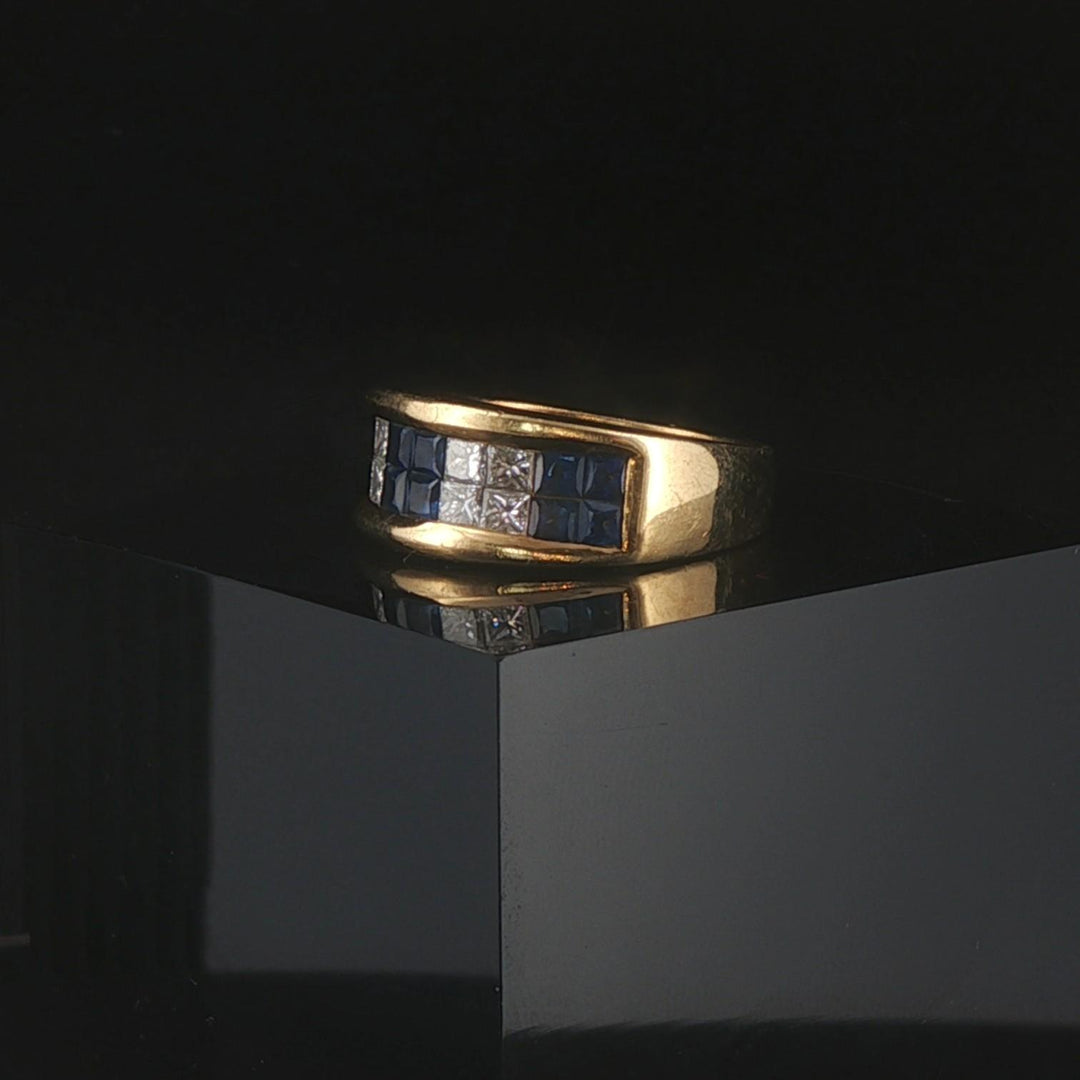 18k Yellow Gold Blue Sapphire and 0.50cttw Diamond Vintage Band Ring Size 6