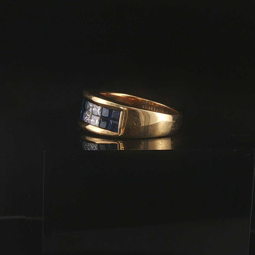 18k Yellow Gold Blue Sapphire and 0.50cttw Diamond Vintage Band Ring Size 6