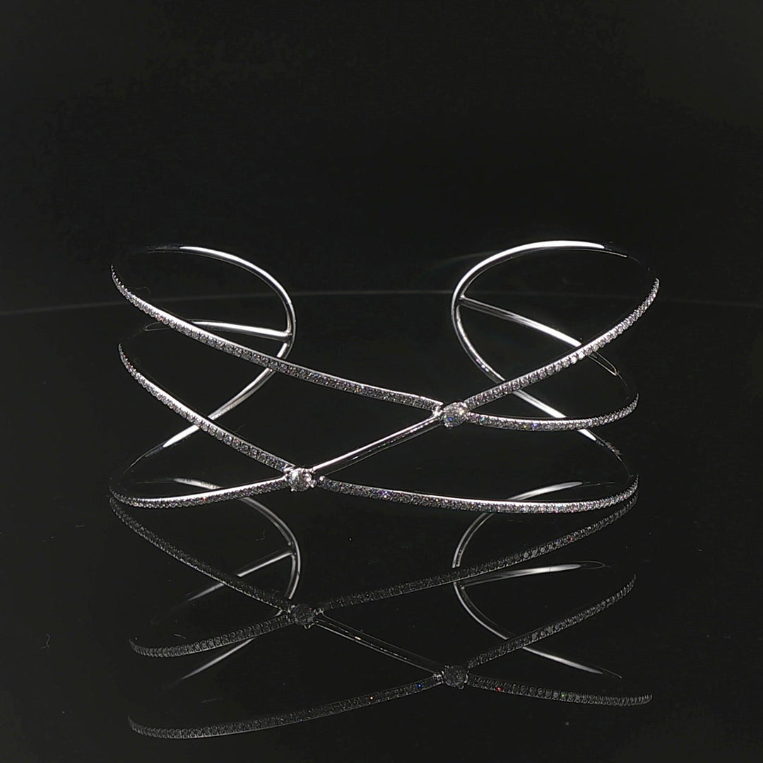 14k White Gold and Diamond 9.3g Crisscross Flex Cuff Bracelet 6.5"