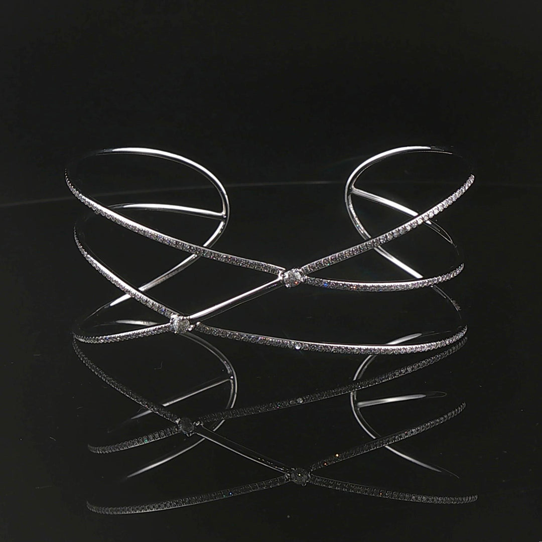 14k White Gold and Diamond 9.3g Crisscross Flex Cuff Bracelet 6.5"