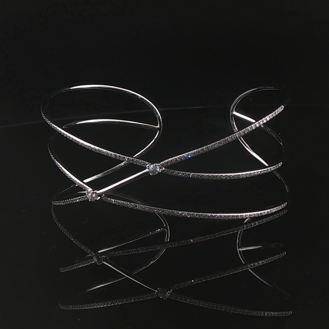 14k White Gold and Diamond 9.3g Crisscross Flex Cuff Bracelet 6.5"