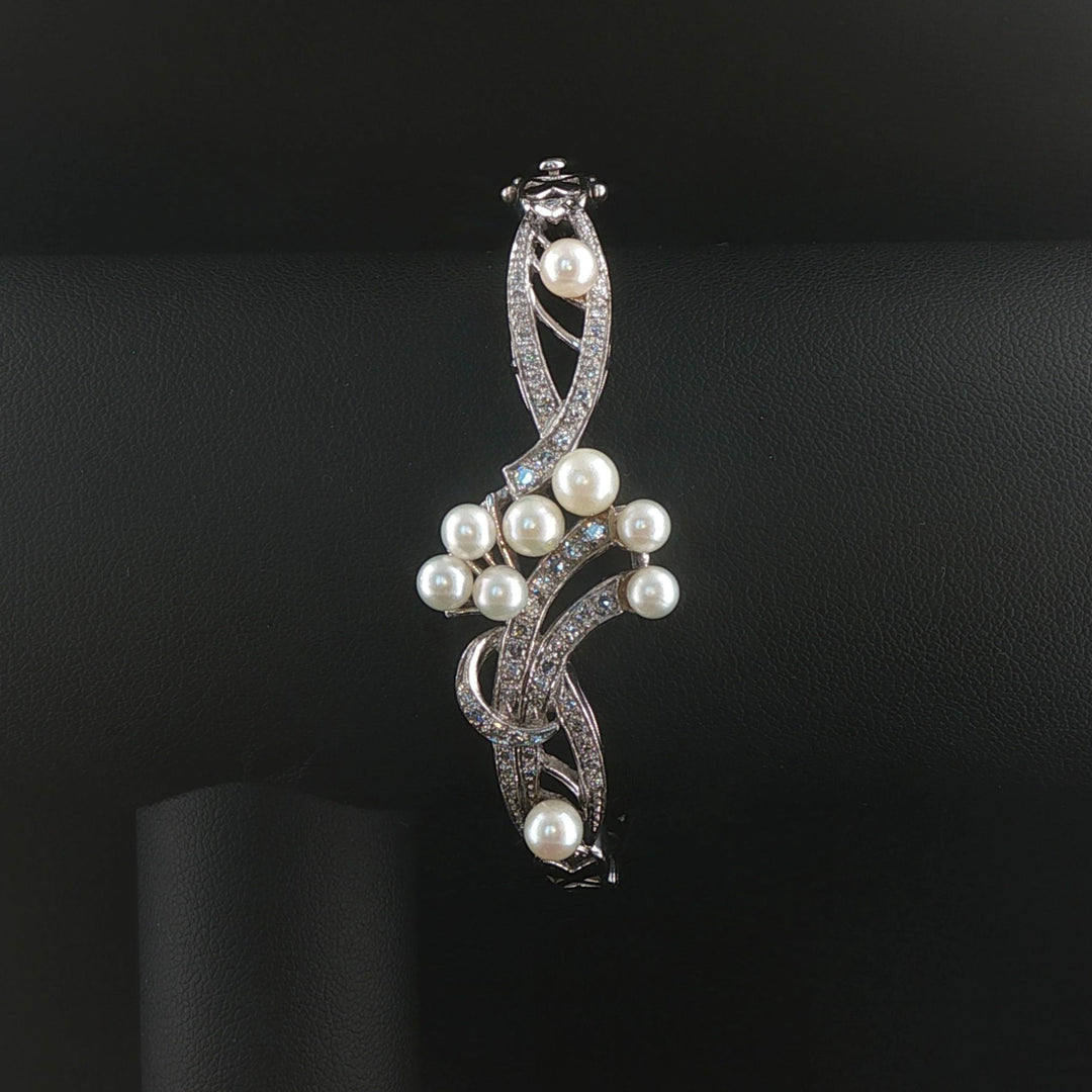 14k White Gold Blue Pearl and 0.75cttw Diamond Vintage Bangle Bracelet 6.75"