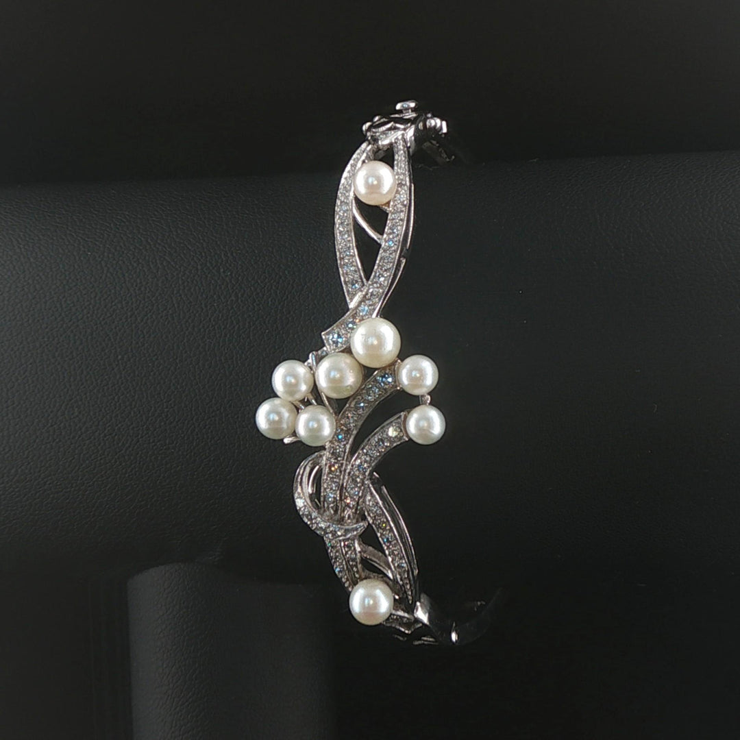 14k White Gold Blue Pearl and 0.75cttw Diamond Vintage Bangle Bracelet 6.75"