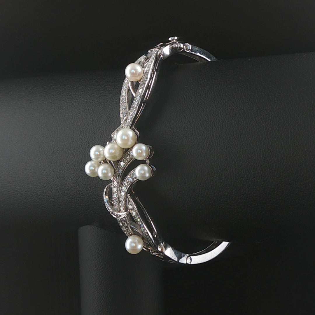 14k White Gold Blue Pearl and 0.75cttw Diamond Vintage Bangle Bracelet 6.75"