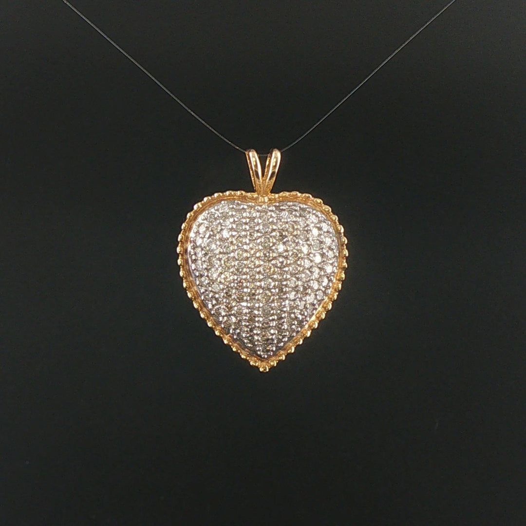 14k Yellow and White Gold and 2cttw Diamond Vintage Heart Pendant 1.25"