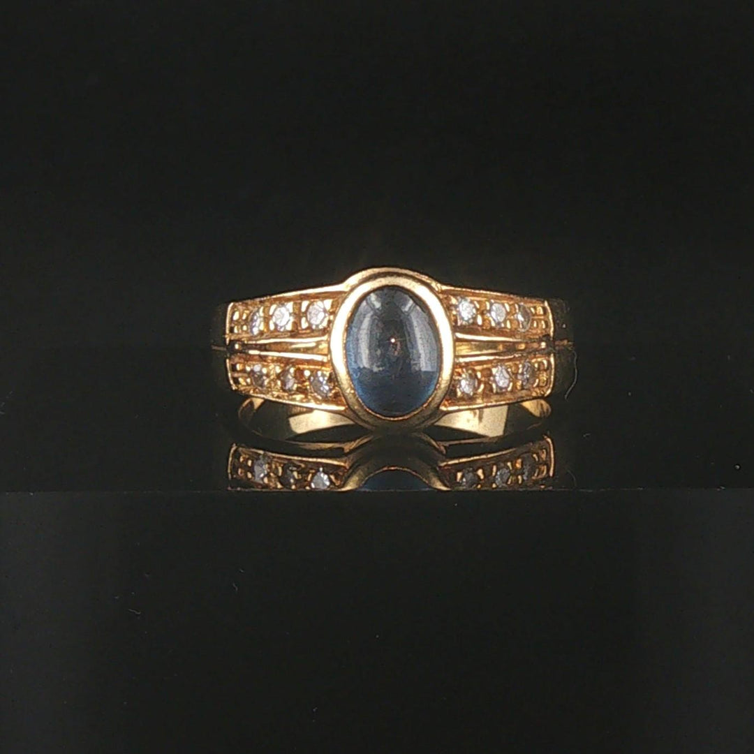 18k Yellow Gold Cabochon Sapphire and Diamond Vintage Ring Italy Size 6