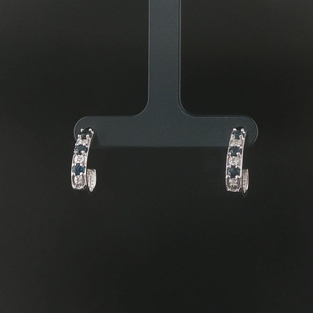 14k White Gold Blue Sapphire and Diamond Crescent Half Hoop Earrings
