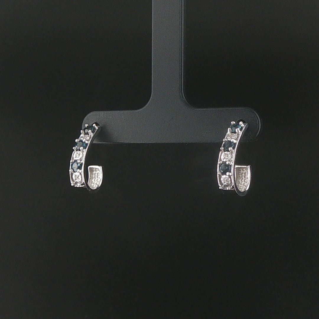 14k White Gold Blue Sapphire and Diamond Crescent Half Hoop Earrings