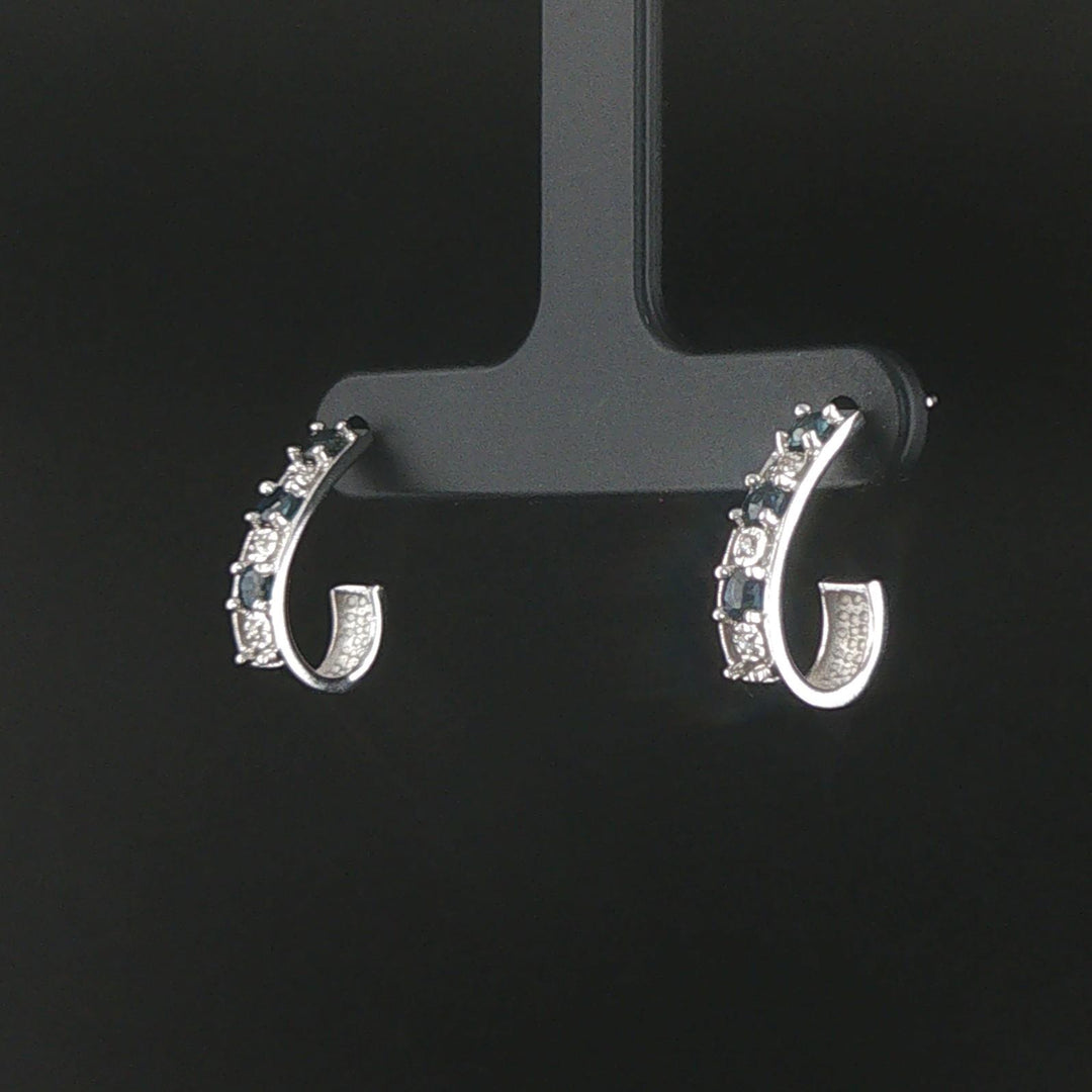 14k White Gold Blue Sapphire and Diamond Crescent Half Hoop Earrings