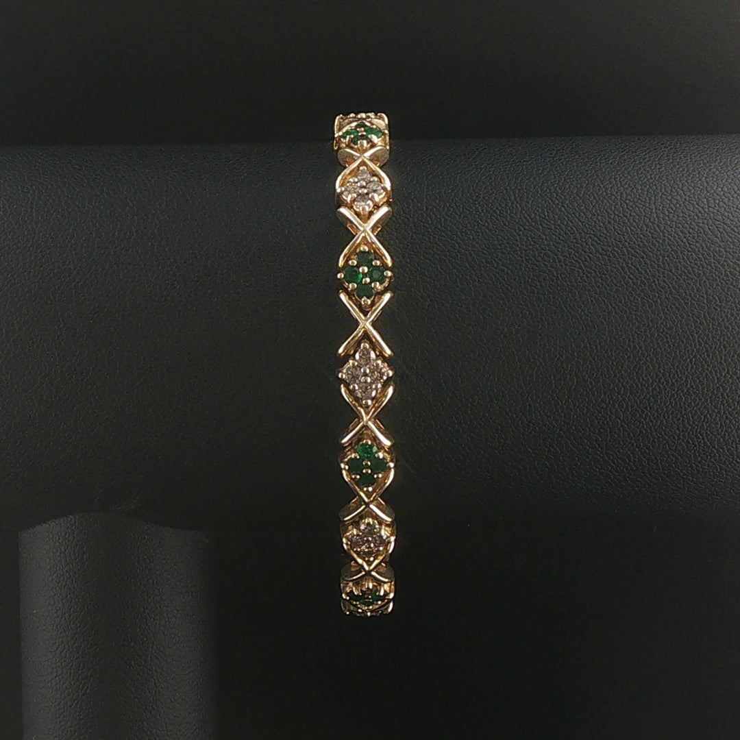 14k Yellow Gold Emerald and 1cttw Diamond Floral X Link Bracelet 7"