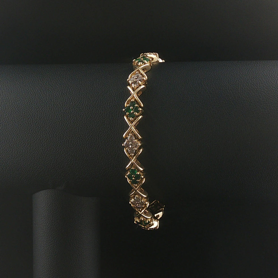 14k Yellow Gold Emerald and 1cttw Diamond Floral X Link Bracelet 7"
