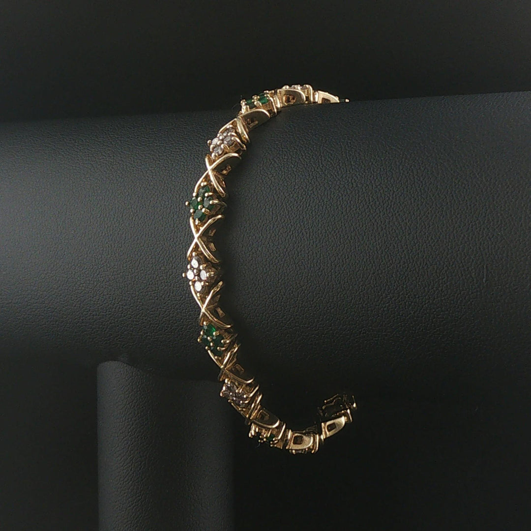 14k Yellow Gold Emerald and 1cttw Diamond Floral X Link Bracelet 7"