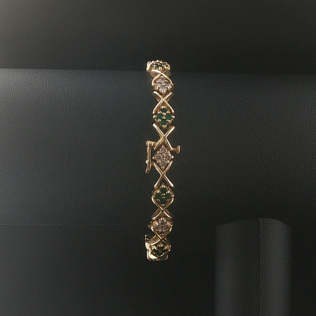 14k Yellow Gold Emerald and 1cttw Diamond Floral X Link Bracelet 7"