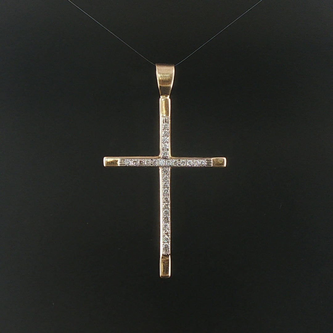 14k Yellow Gold and  0.80cttw Diamond 16.5g Solid Heavy Large Cross Pendant 2.5"
