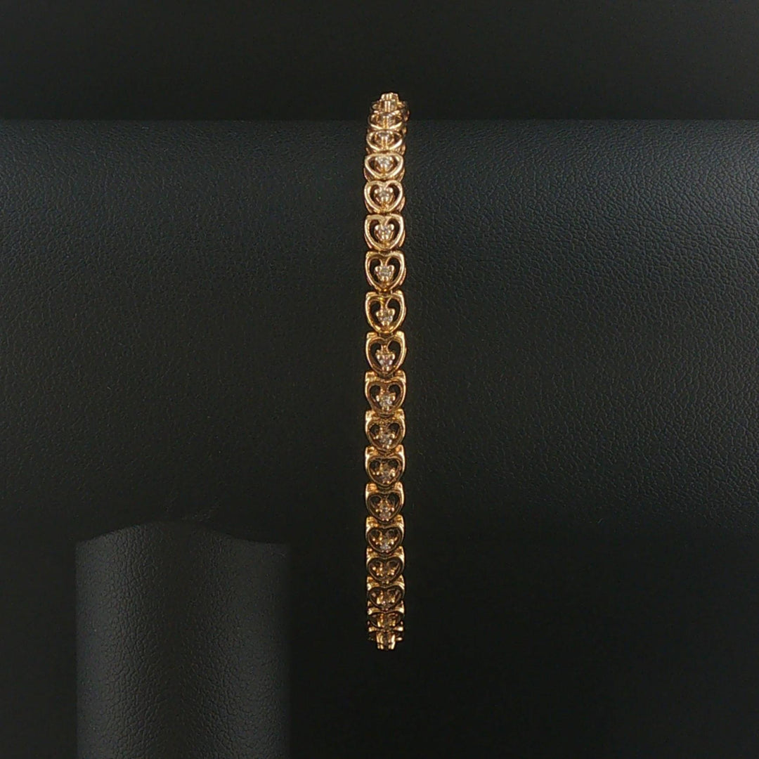 14k Yellow Gold and Diamond Vintage Heart Link Bracelet 7"