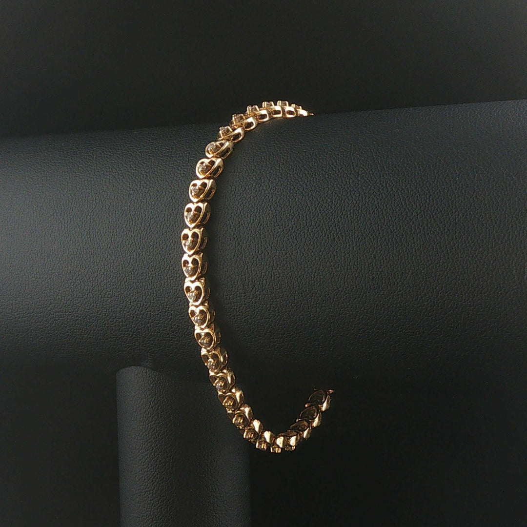 14k Yellow Gold and Diamond Vintage Heart Link Bracelet 7"