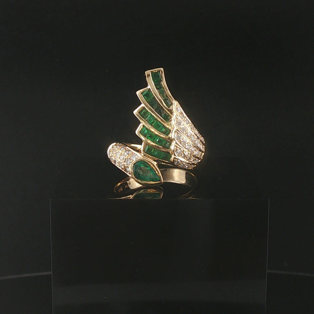 14k Yellow Gold Emerald and Diamond Ladies Bypass Ring Size 6.75