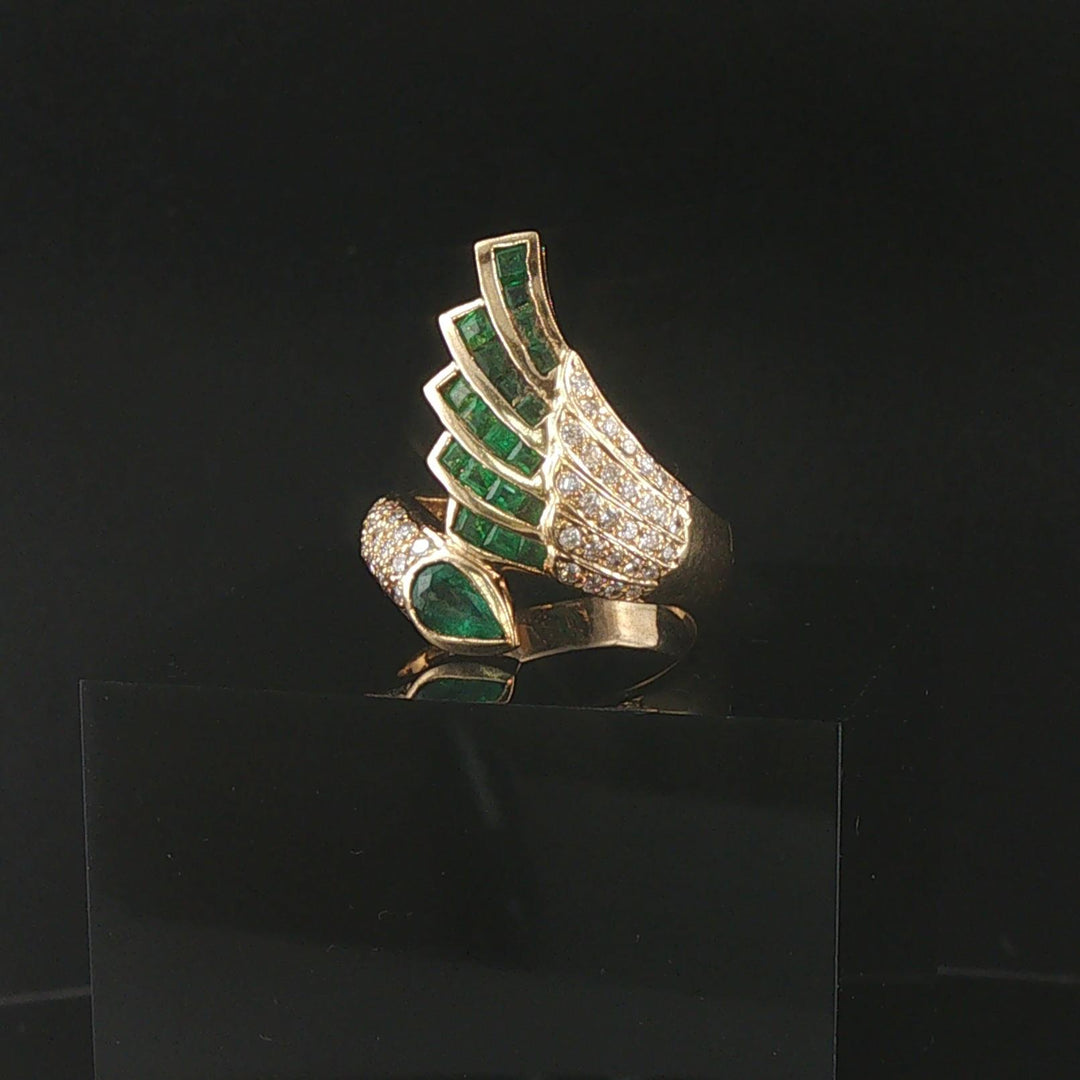 14k Yellow Gold Emerald and Diamond Ladies Bypass Ring Size 6.75
