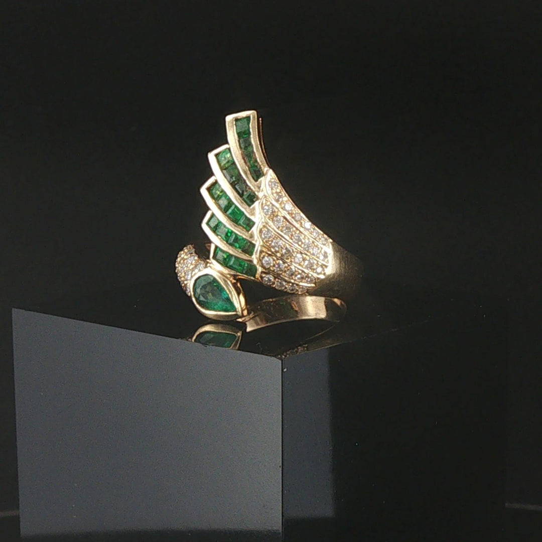 14k Yellow Gold Emerald and Diamond Ladies Bypass Ring Size 6.75