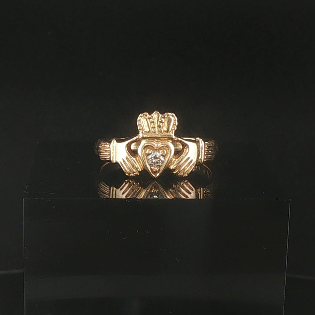 14k Yellow Gold and 0.05ct Diamond Solid Claddagh Ring Size 9