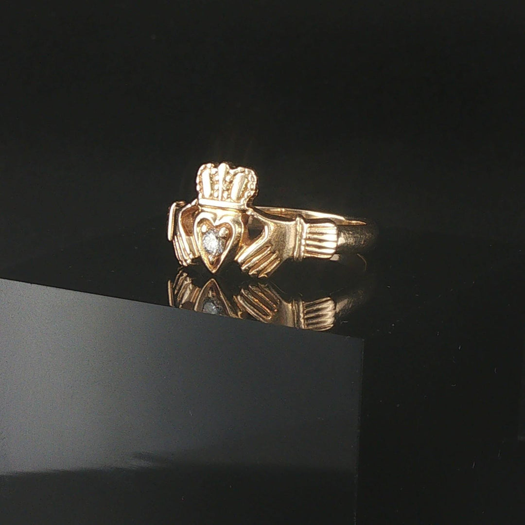 14k Yellow Gold and 0.05ct Diamond Solid Claddagh Ring Size 9