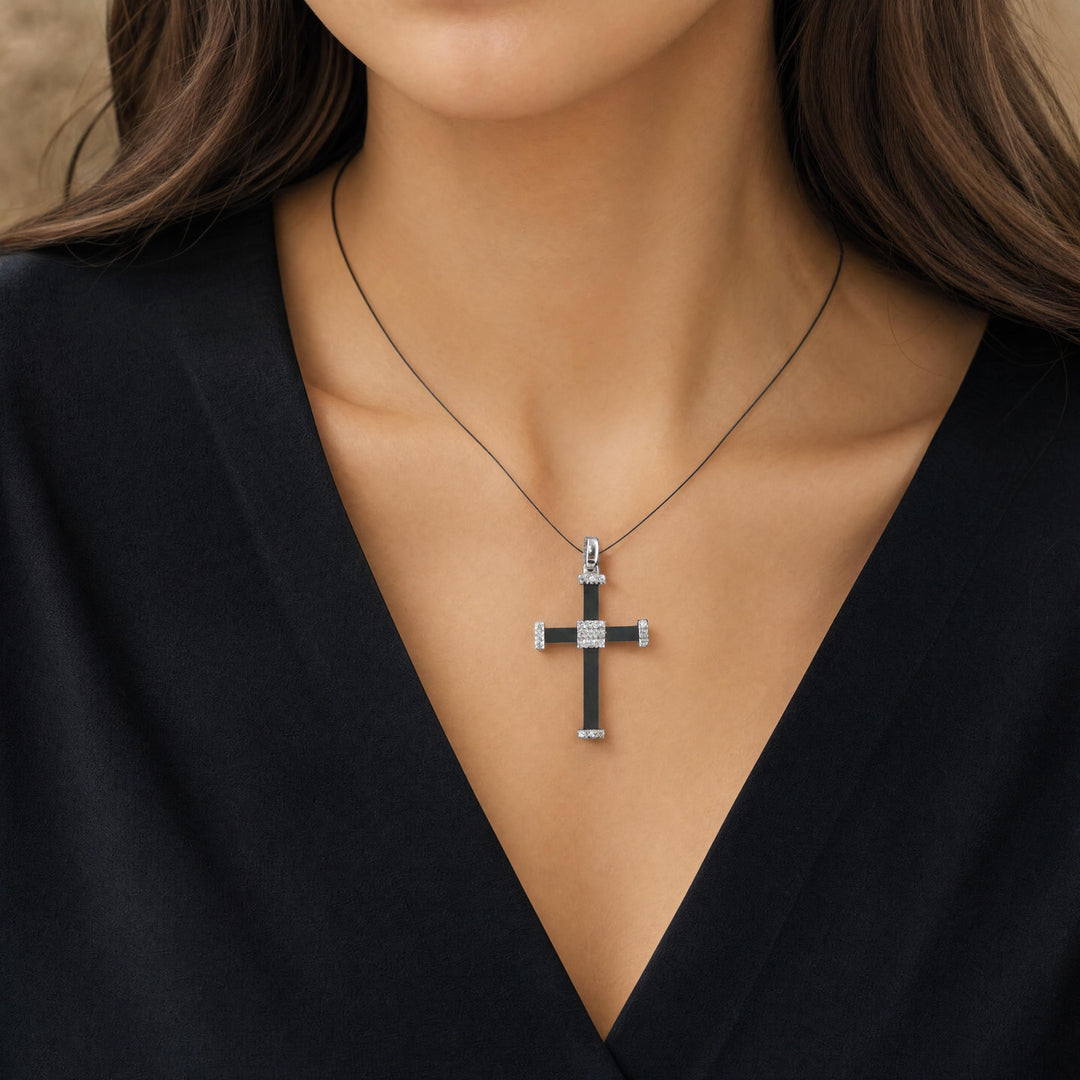 18k White Gold 0.25cttw Diamond and Rubber Cross Pendant 1.5"