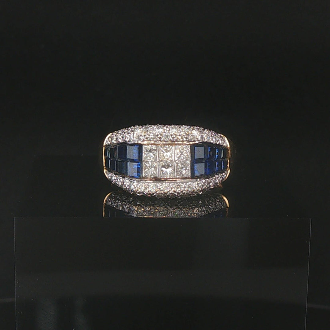 18k Yellow Gold Blue Sapphire and 1cttw Diamond Heavy Vintage Ring Size 6.5