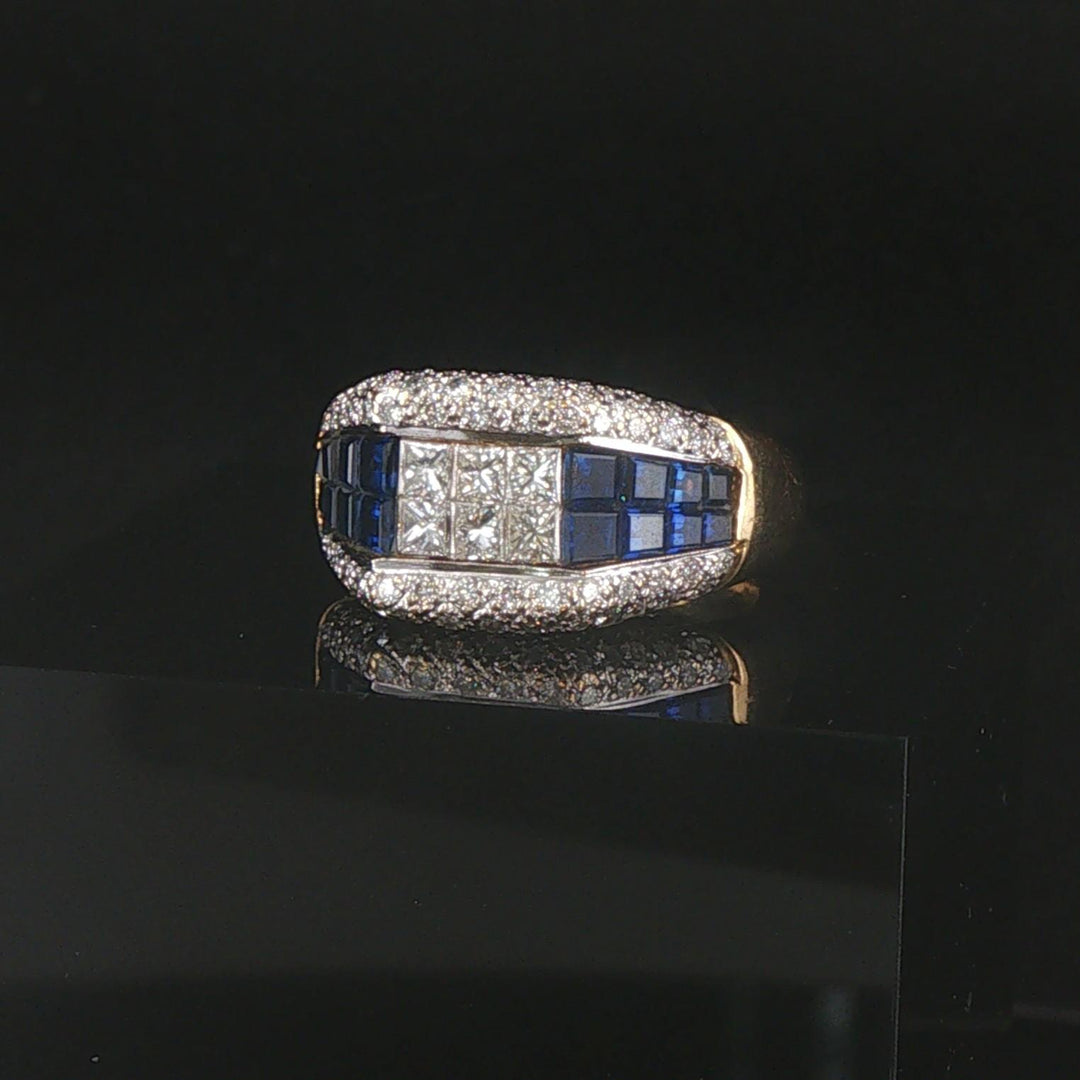 18k Yellow Gold Blue Sapphire and 1cttw Diamond Heavy Vintage Ring Size 6.5