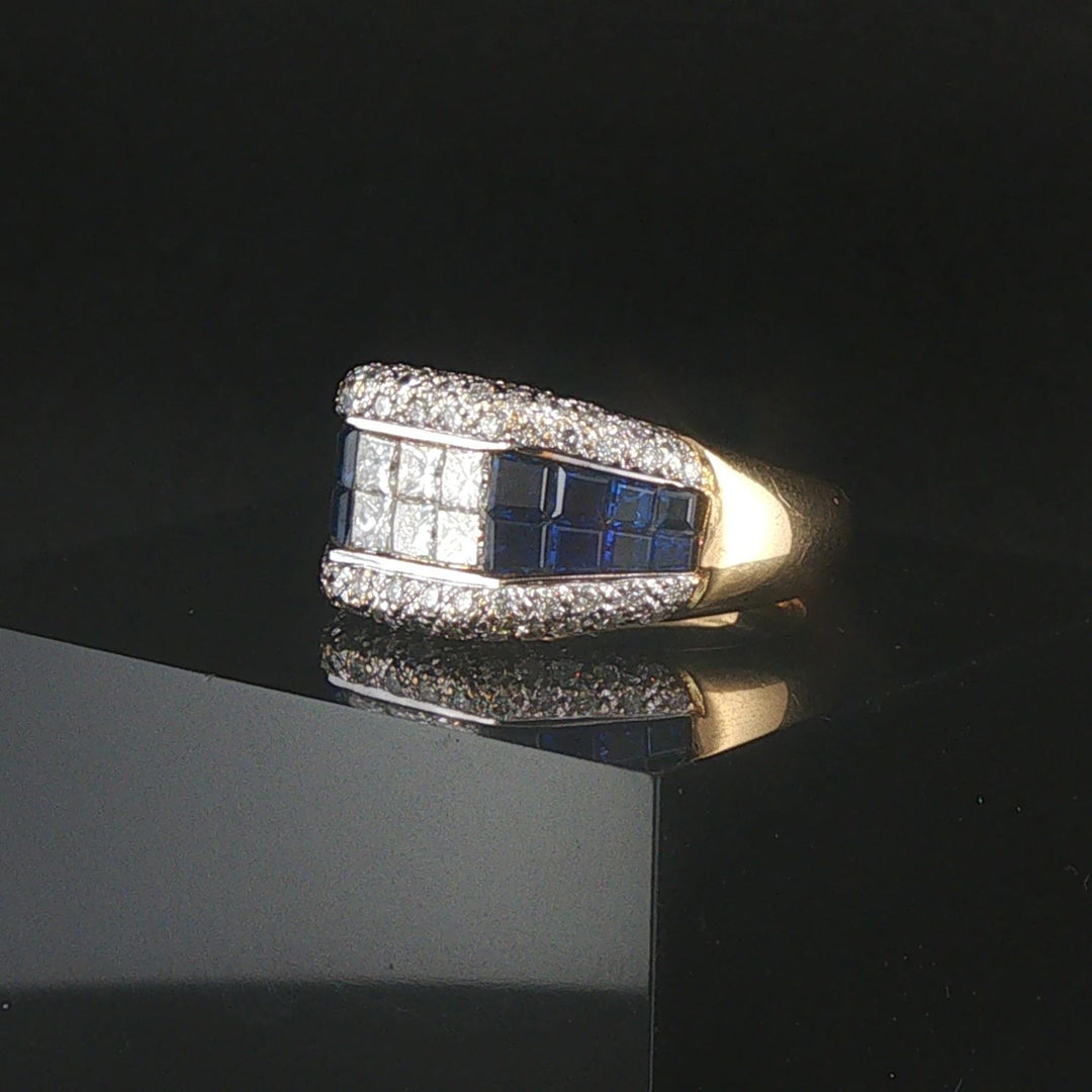 18k Yellow Gold Blue Sapphire and 1cttw Diamond Heavy Vintage Ring Size 6.5