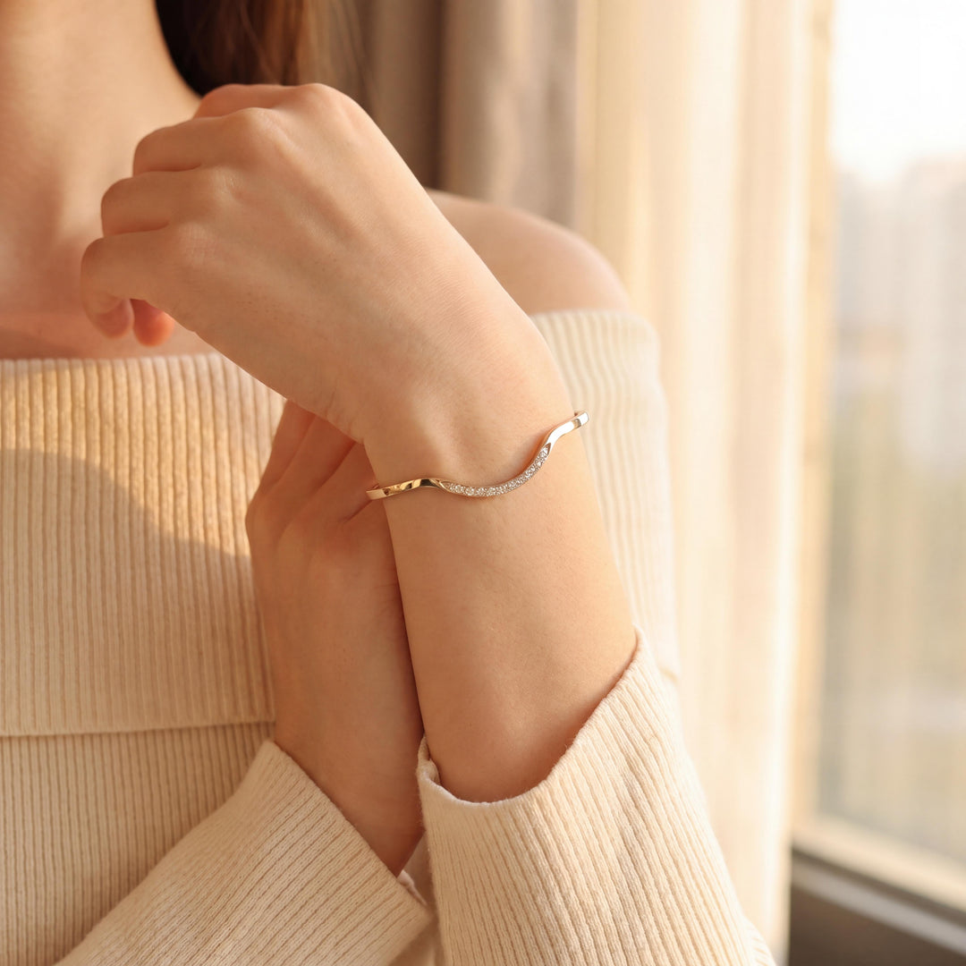 14k Yellow Gold and 0.35cttw Diamond Solid Curved Cuff Bracelet 6.25"