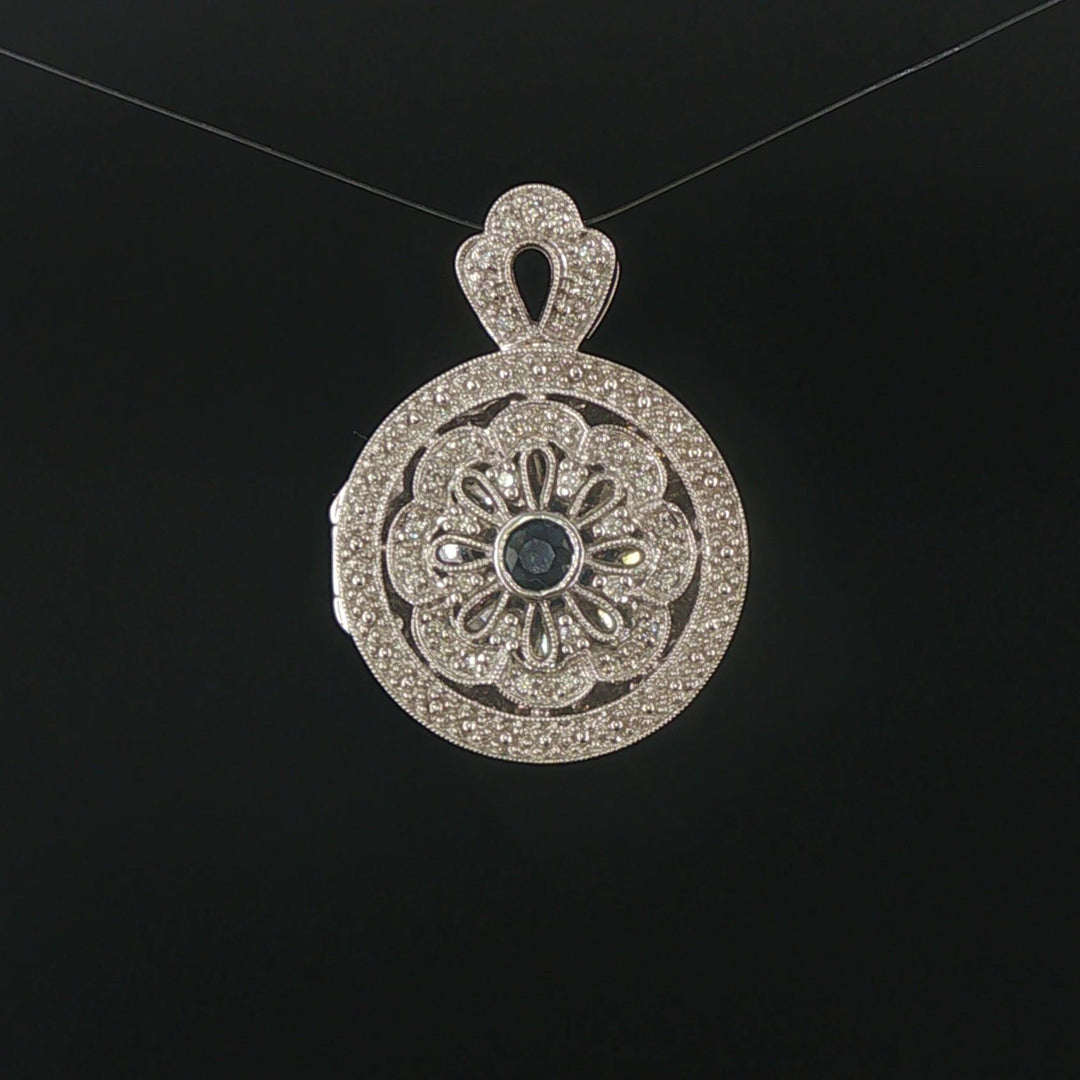 14k White Gold Blue Sapphire and Diamond Vintage Locket Pendant 1.25"