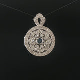 14k White Gold Blue Sapphire and Diamond Vintage Locket Pendant 1.25"