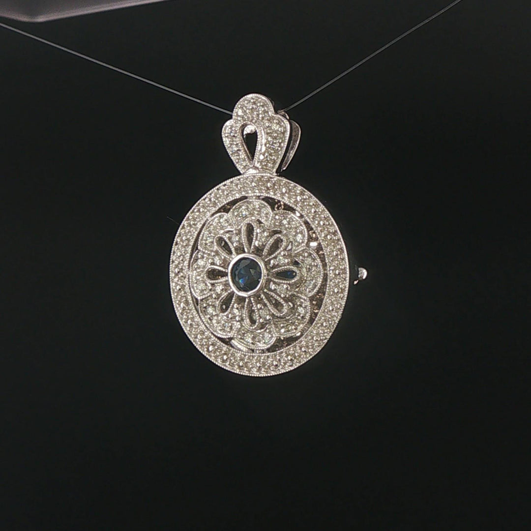 14k White Gold Blue Sapphire and Diamond Vintage Locket Pendant 1.25"