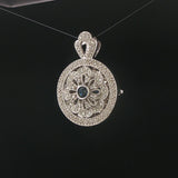 14k White Gold Blue Sapphire and Diamond Vintage Locket Pendant 1.25"