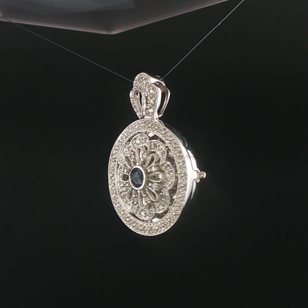 14k White Gold Blue Sapphire and Diamond Vintage Locket Pendant 1.25"