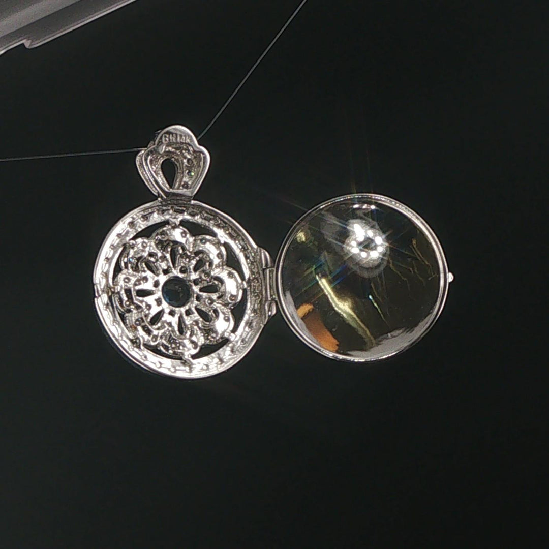 14k White Gold Blue Sapphire and Diamond Vintage Locket Pendant 1.25"