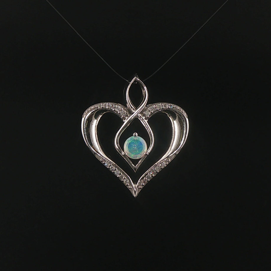 14k White Gold Opal and Diamond Vintage Heart Pendant 1"