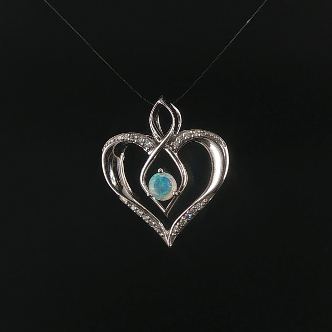 14k White Gold Opal and Diamond Vintage Heart Pendant 1"