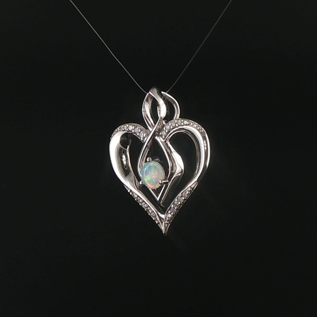 14k White Gold Opal and Diamond Vintage Heart Pendant 1"