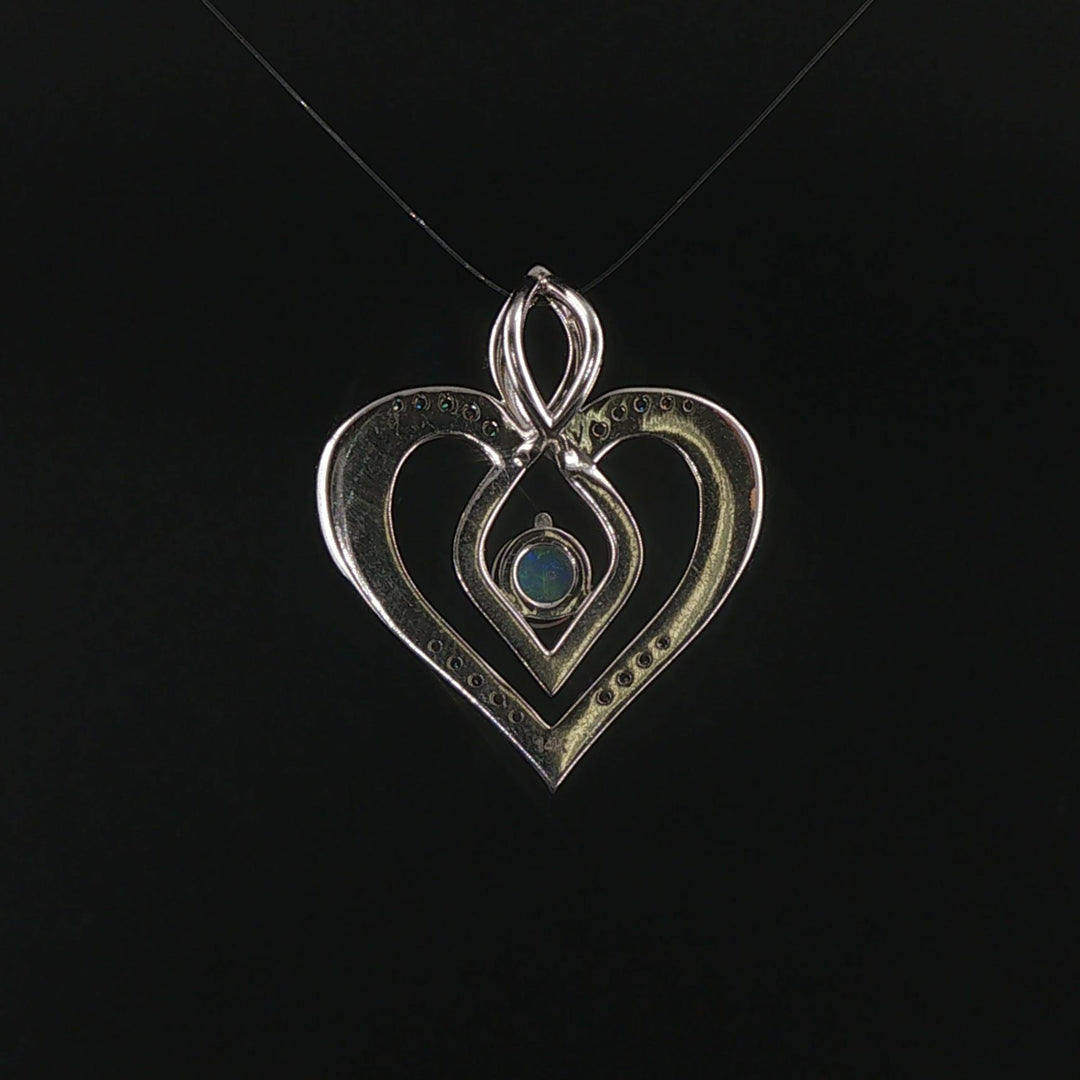 14k White Gold Opal and Diamond Vintage Heart Pendant 1"