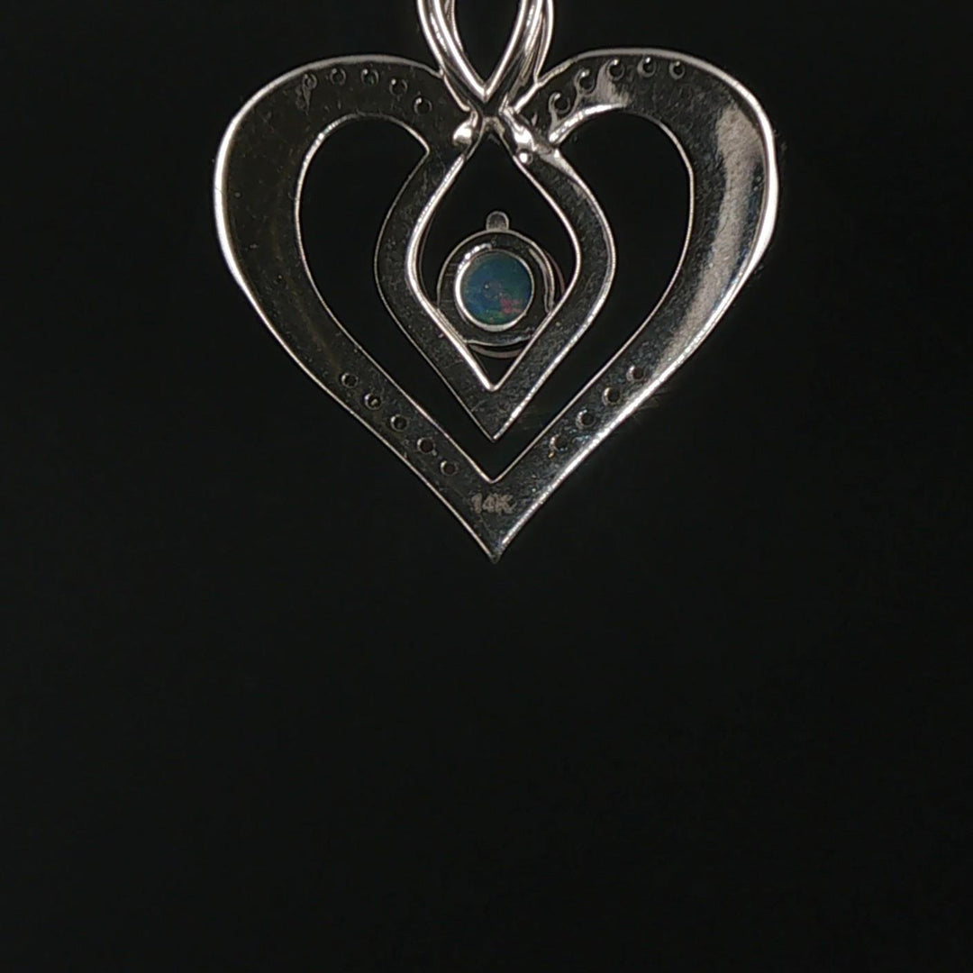 14k White Gold Opal and Diamond Vintage Heart Pendant 1"