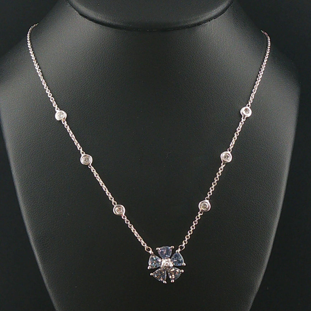 14k White Gold Tanzanite and Diamond Floral Pendant Necklace 16.5"