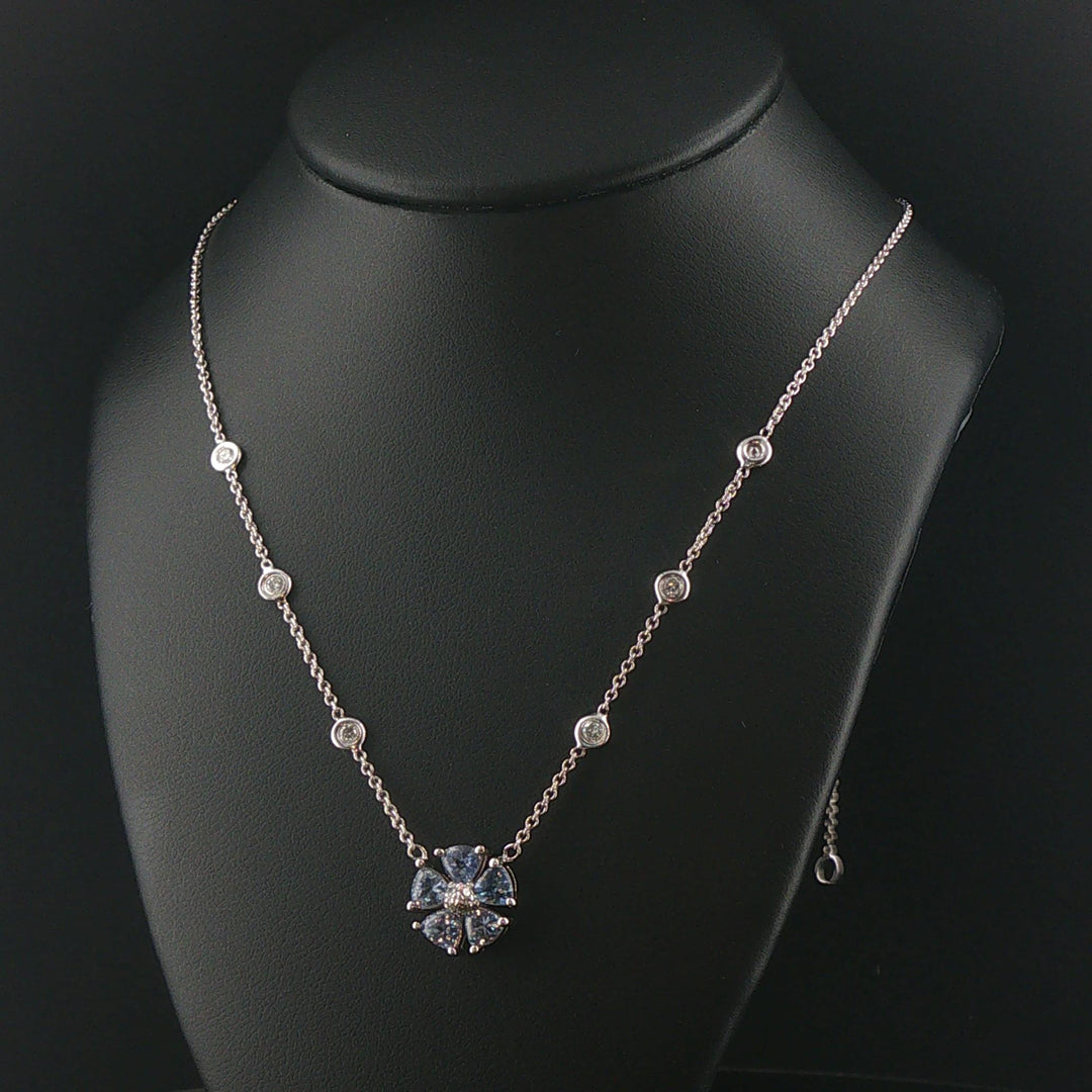 14k White Gold Tanzanite and Diamond Floral Pendant Necklace 16.5"