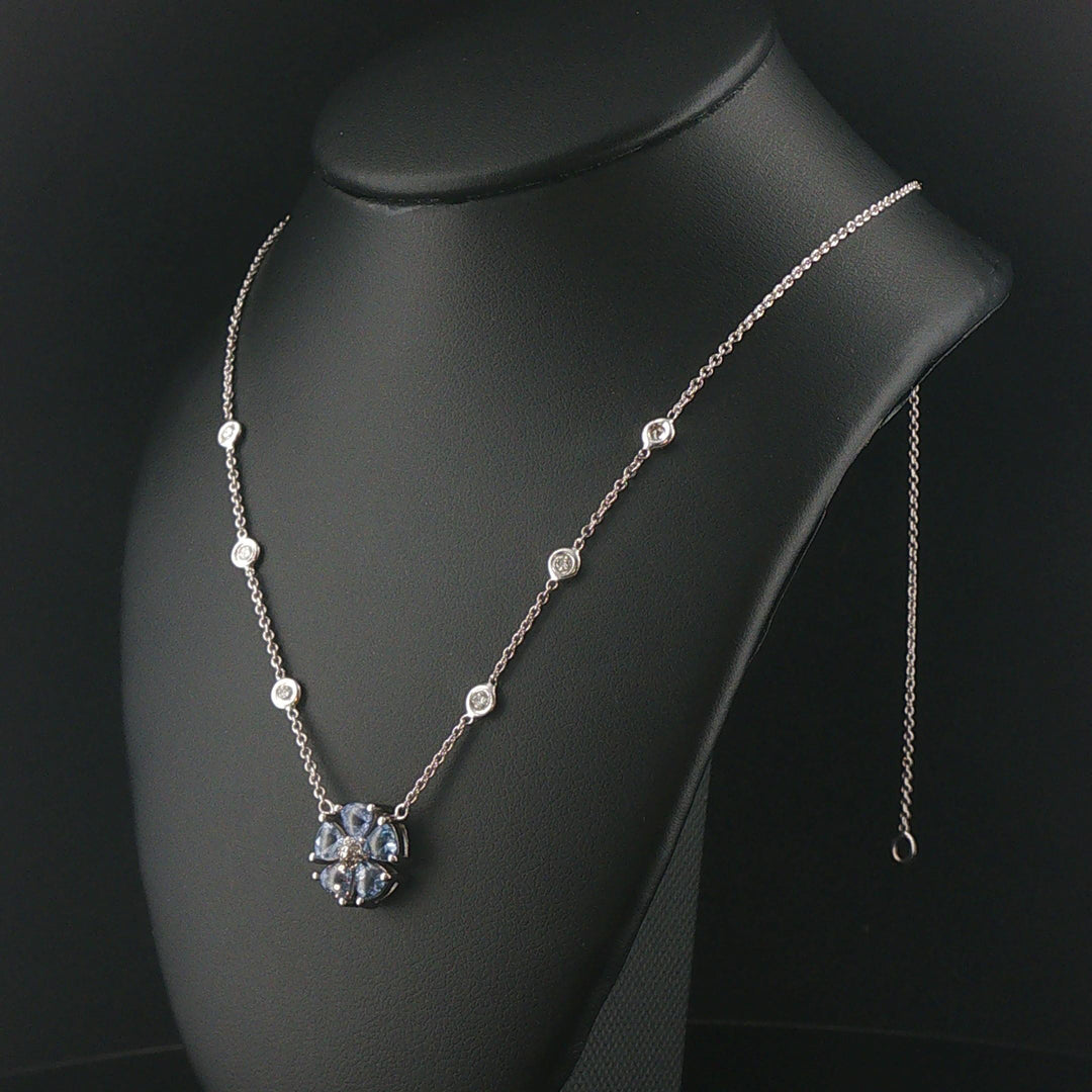 14k White Gold Tanzanite and Diamond Floral Pendant Necklace 16.5"